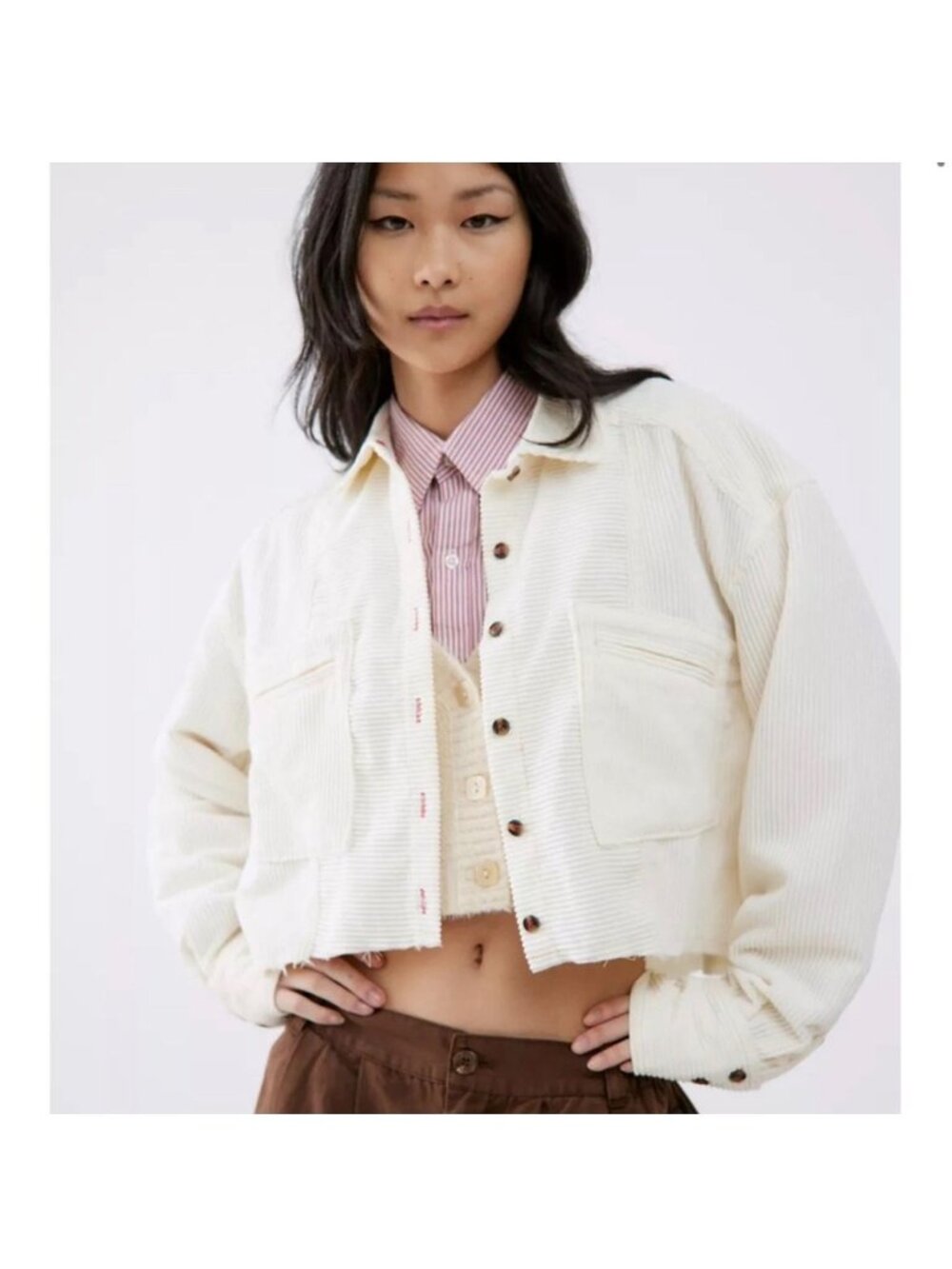 BDG women's small cream Rodney cropped overshirt corduroy button down shacket